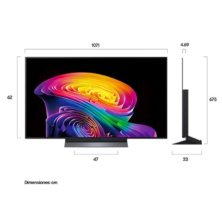 La LG OLED evo AI C6, que se muestra en vista frontal y lateral, destaca por su pantalla de 48 pulgadas con una anchura de 1071 mm, una altura total de 620 mm y un grosor ultrafino de 46.9 mm sin soporte.